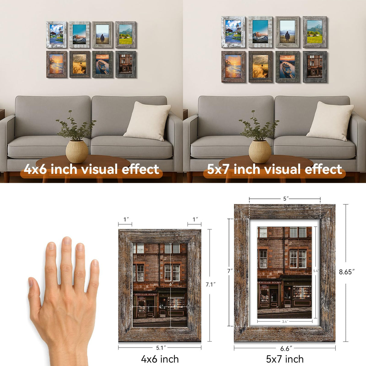 Bagous 5x7 Picture Frames Set of 8, Vintage Rustic Farmhouse Industrial Style Photo Frames, High Definition Real Glass, for Tabletop or Wall Hanging Bagous