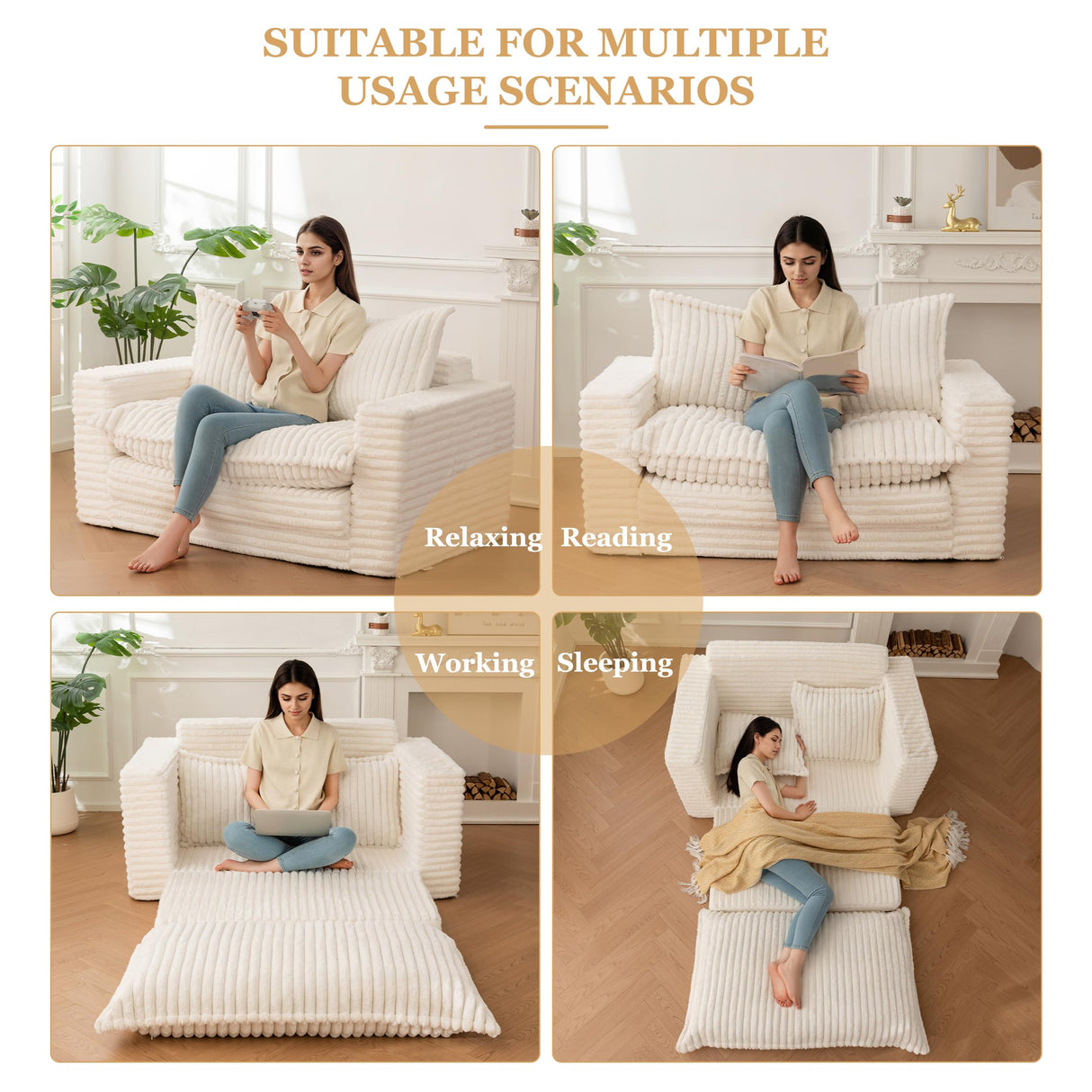 Loveseat Sleeper Sofa, Convertible Sofa Bed Couch Futon Couches for Living Room, 3-in-1 Pull Out Floor Couch with Washable Cushion and Pillows, Beige YOSHOOT