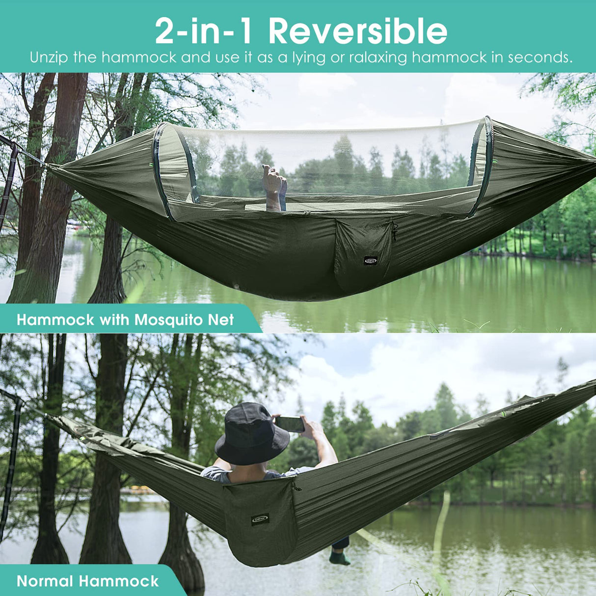 G4Free Large Camping Hammock with Mosquito Net 2 Person Pop-up Parachute Lightweight Hanging Hammocks Tree Straps Swing Bed for Outdoor Backpacking Backyard Hiking (New Army Green) G4Free