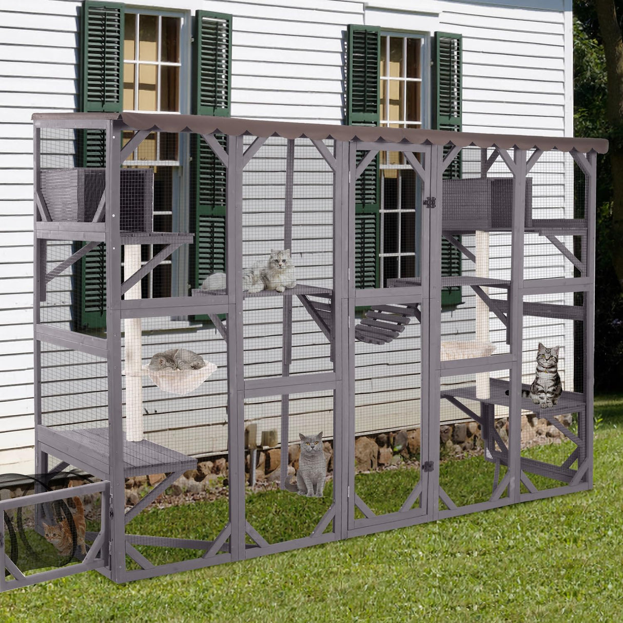 AIVITUVIN Catio Outdoor Cat Enclosure with Scratching Posts Large Wooden Cat House Playground Wall-Mounted Window Box Weatherproof Roof Aivituvin