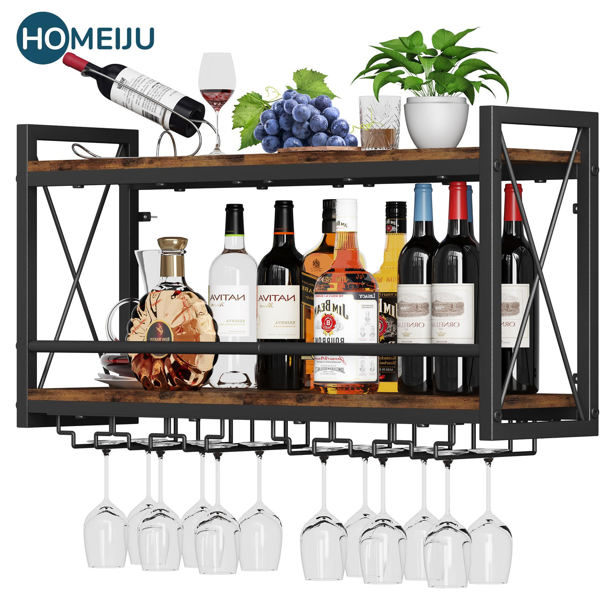 Homeiju Wall Mounted Wine Rack, Bottle & Glass Holder Wood-Metal Retro Wine Rack, Wine Bottles Display Wall Storage for Kitchen Dining Room Home Bar Homeiju