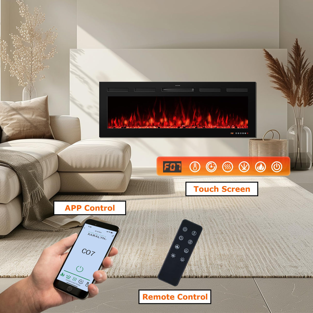 VINEMOUNT 48“ Smart Electric Fireplaces Inserts, Remote & Touch Screen & APP Control, Recessed & Wall-Mounted Fireplace Heater with Thermostat,Multi-Color Flames… VINEMOUNT