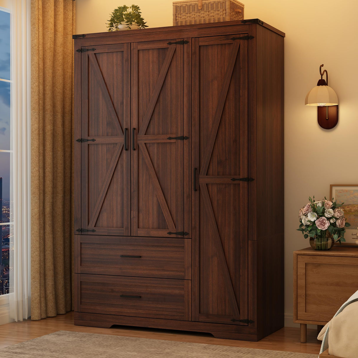 Farmhouse Wardrobe Armoire Closet with 3 Doors and 2 Drawers, 70.1" Wooden Clothing Storage Cabinet, Freestanding Large Capacity Storage Wardrobe Armoire with Hanging Rod for Bedroom, Brown St.Mandyu