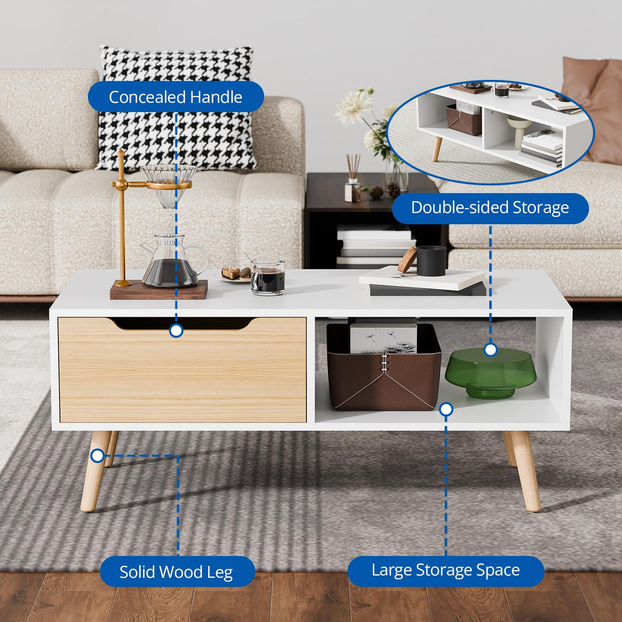 Cozy Castle Modern Coffee Table, Wooden Cocktail Table with Storage, Minimalist Hallway Table, Mid Century Modern Coffee Table for Living Room Apartment Reception, White Cozy Castle