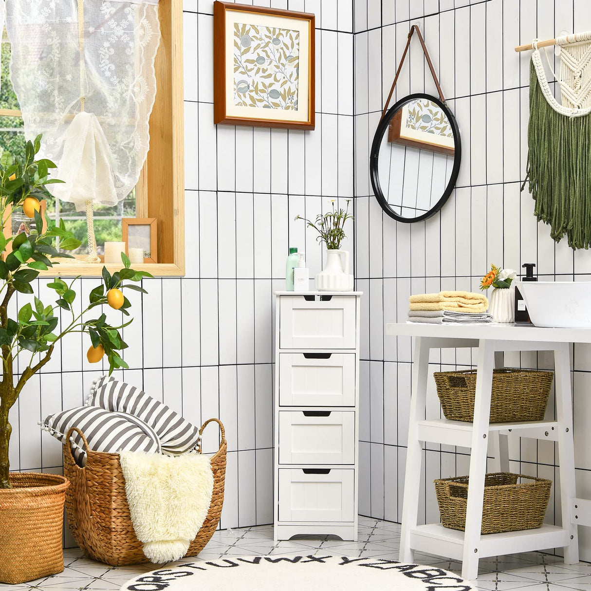 Tangkula Bathroom Floor Cabinet with 4 Drawers, 12 x 12 x 32 Inch, Freestanding Storage Cabinet for Bathroom Living Room, Wooden Bathroom Cabinet for Home Office (White) Tangkula