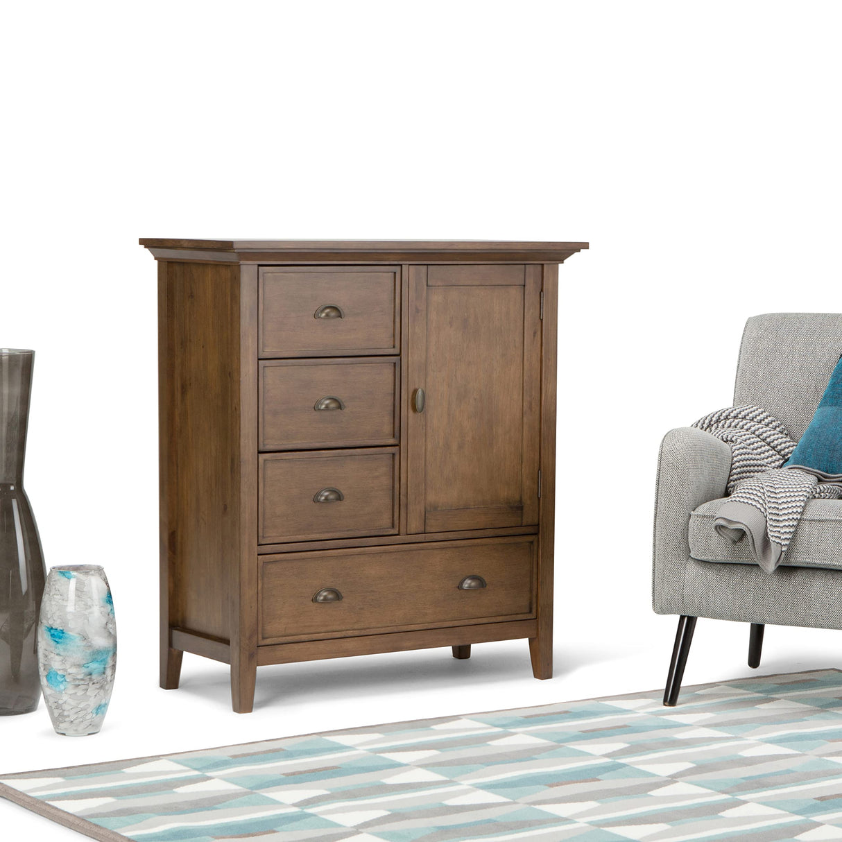 SIMPLIHOME Redmond SOLID WOOD 39 inch Wide Transitional Medium Storage Cabinet in Rustic Natural Aged Brown with 3 Small Drawers, 1 Large Drawer SIMPLIHOME