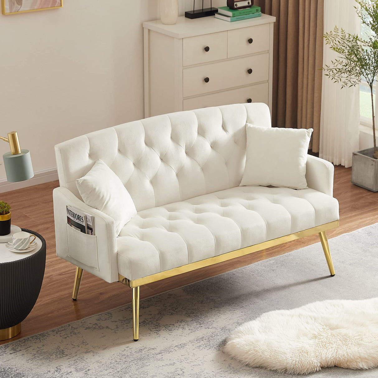KEIKI 56" Velvet Loveseats Sleeper Sofa with 2 Pillows and 4 Solid Metal Legs, Modern Style 2-Seater Couch with Tufted Back & Seat, Easy Assembly, for Apartment, Living Room, Bedroom, White KEIKI