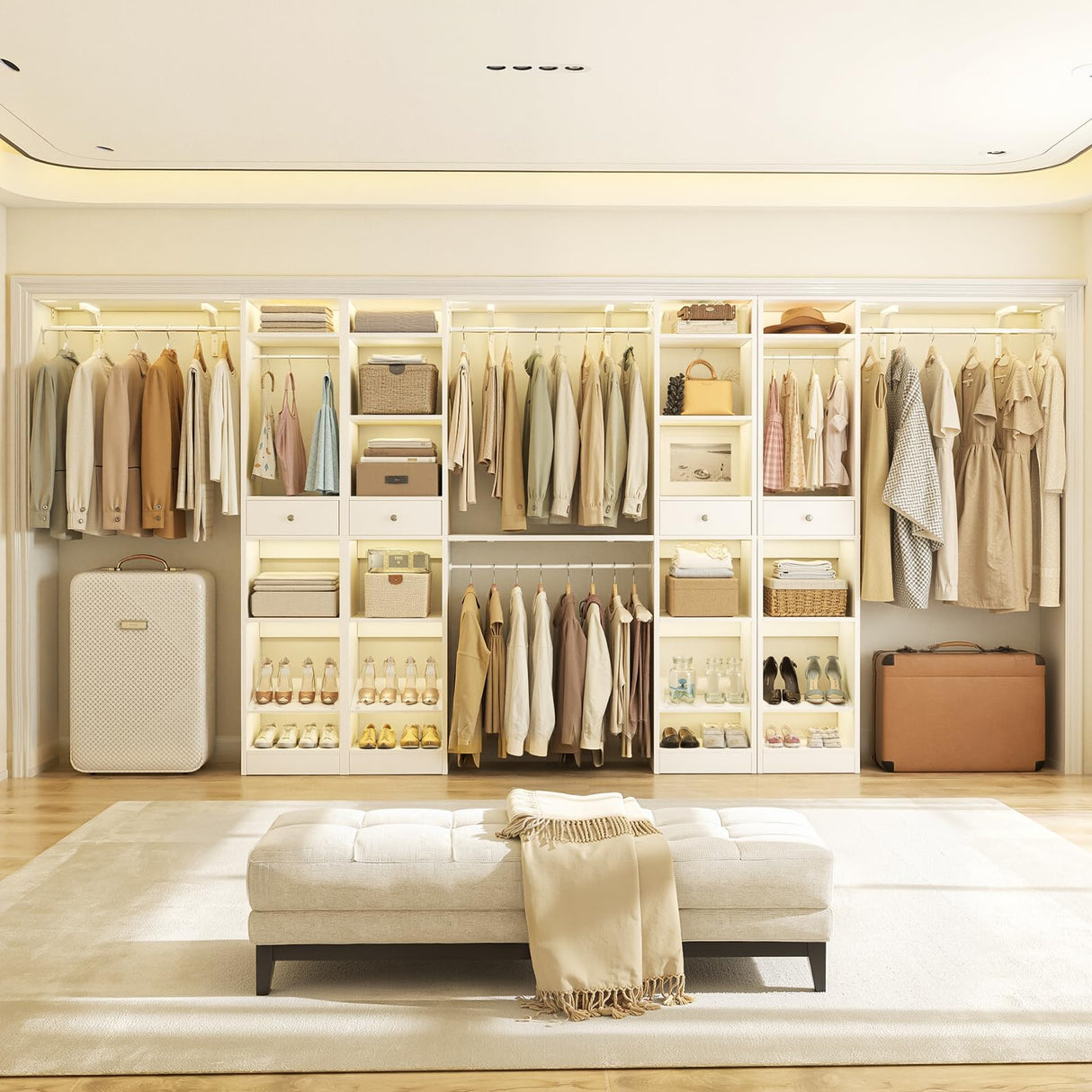 Unikito 10-15FT Closet Systems, Large Wood Walk in Closet Organizer with Hanging Rods and Drawers, Heavy Duty Closets Wardrobe with Shoe Rack, Sturdy Reversible Clothes Closet Kit, White, Set of 2 Unikito