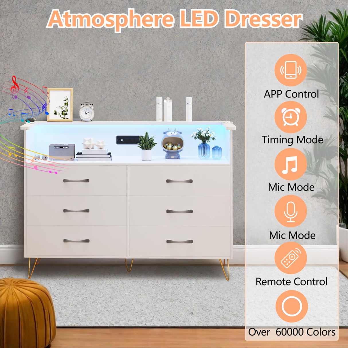 6-Drawer Dresser with USB Charging Station & LED Lights, Modern Wide Chest of Drawers, Large Bedroom Storage Tower Organizer in Black GarveeHome