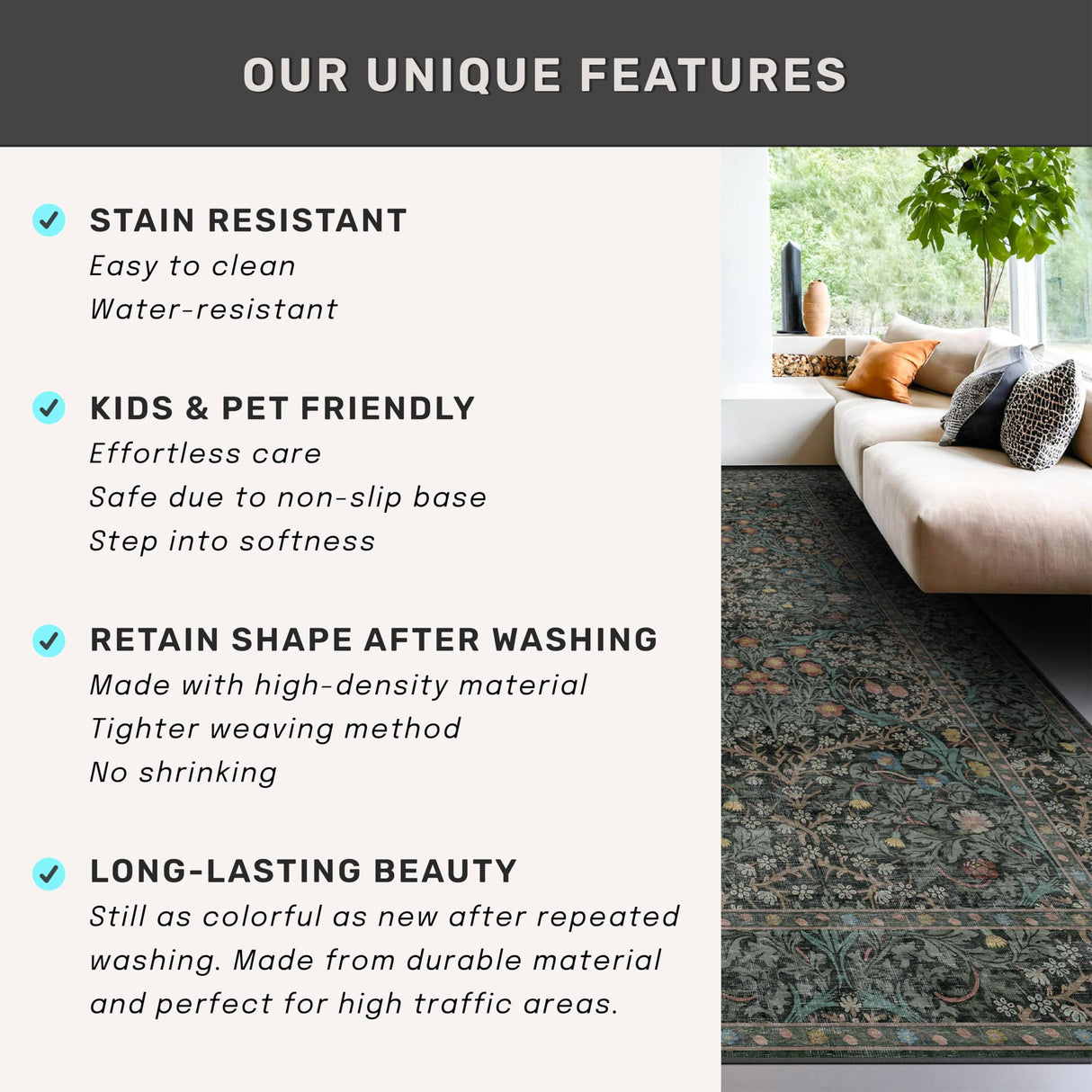 Vintage Dark Green Living Room Rug, 8x10 Washable Area Rugs for Dining Room Under Kitchen Table, Bedroom, Oriental Low Pile Stain Resistant Non-Slip Large Carpet (8x10 Dark Green) Hazo Haus