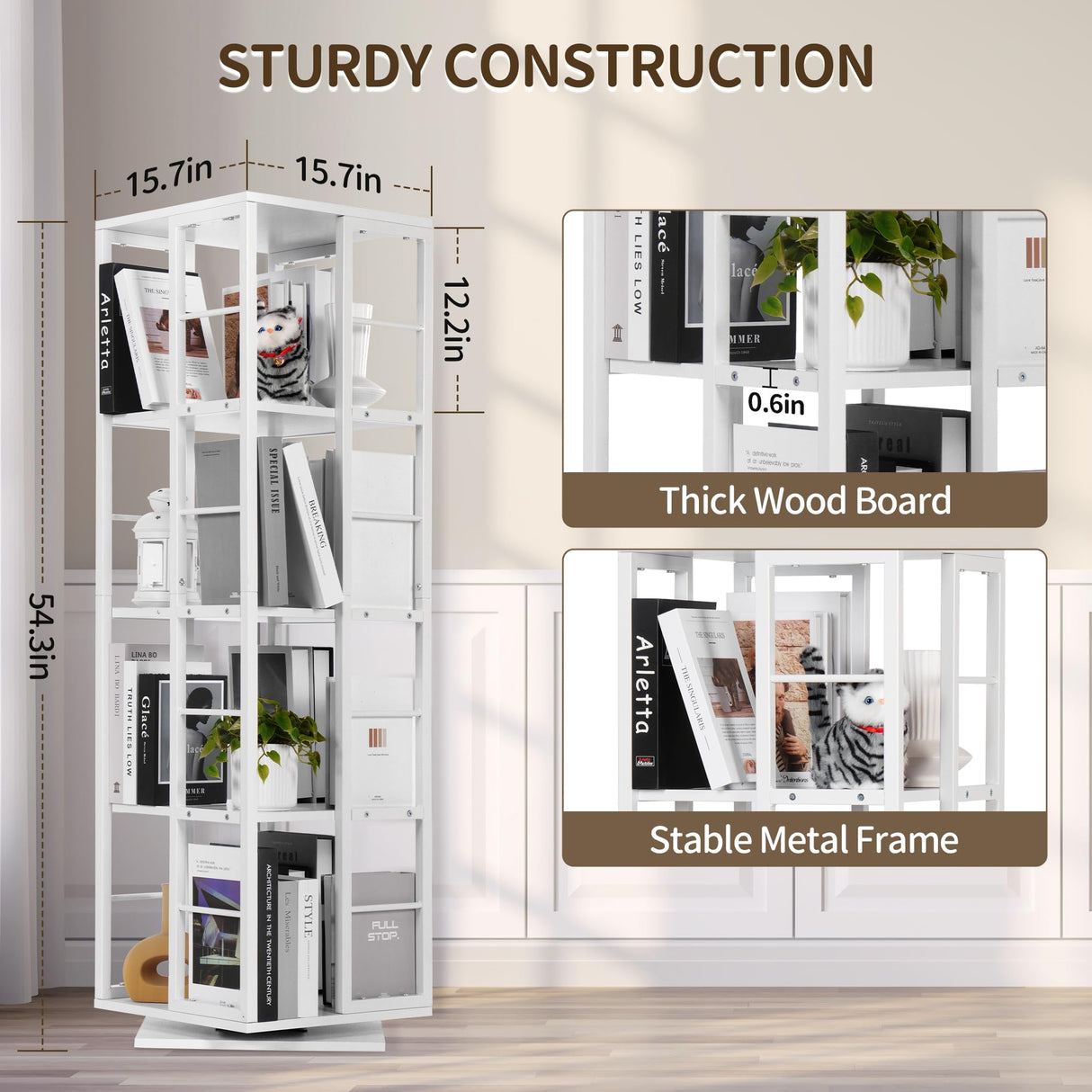 Rengue Rotating Bookshelf, 4-Tier 360 Revolving Bookcase Spinning Bookshelf Square Corner Bookshelf Organizer Storage Rack for Small Space,Bedroom, Study Room, White Rengue