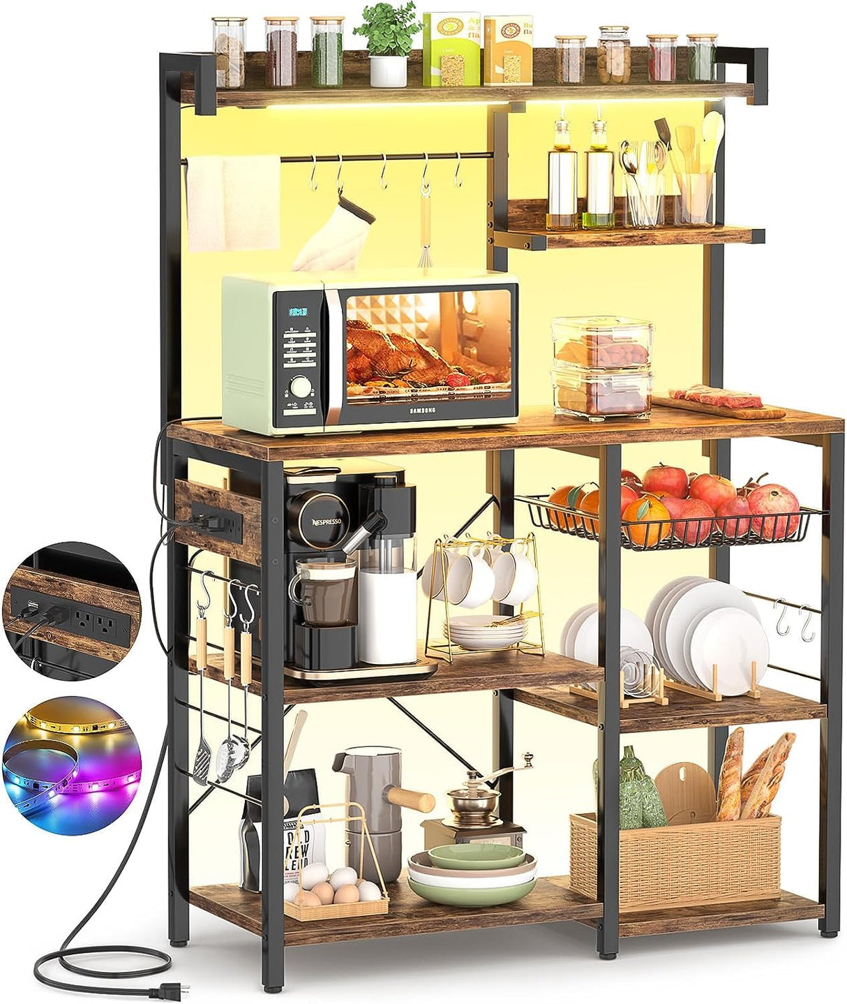 Aheaplus Bakers Rack with Power Outlet and LED Light Strings, Microwave Oven Stand Kitchen Storage Shelf with Wire Basket, Coffee Bar Station Island Table with 10 Hooks for Spices, Pots, Rustic Brown Aheaplus