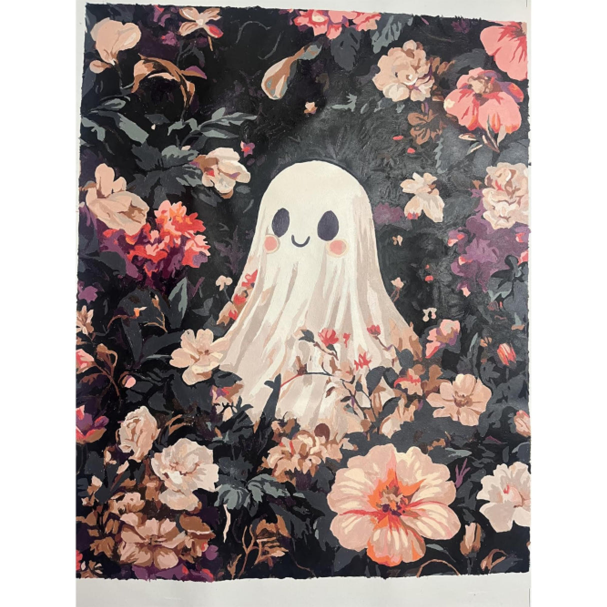 Cawpom Ghost Paint by Number, Halloween Ghosts Paint by Numbers Kit for Adults, Ghost Surrounded by Pink Flowers Poster, Acrylic Painting for Holiday Gift Home Decor(16x20inch, No Frame) Cawpom