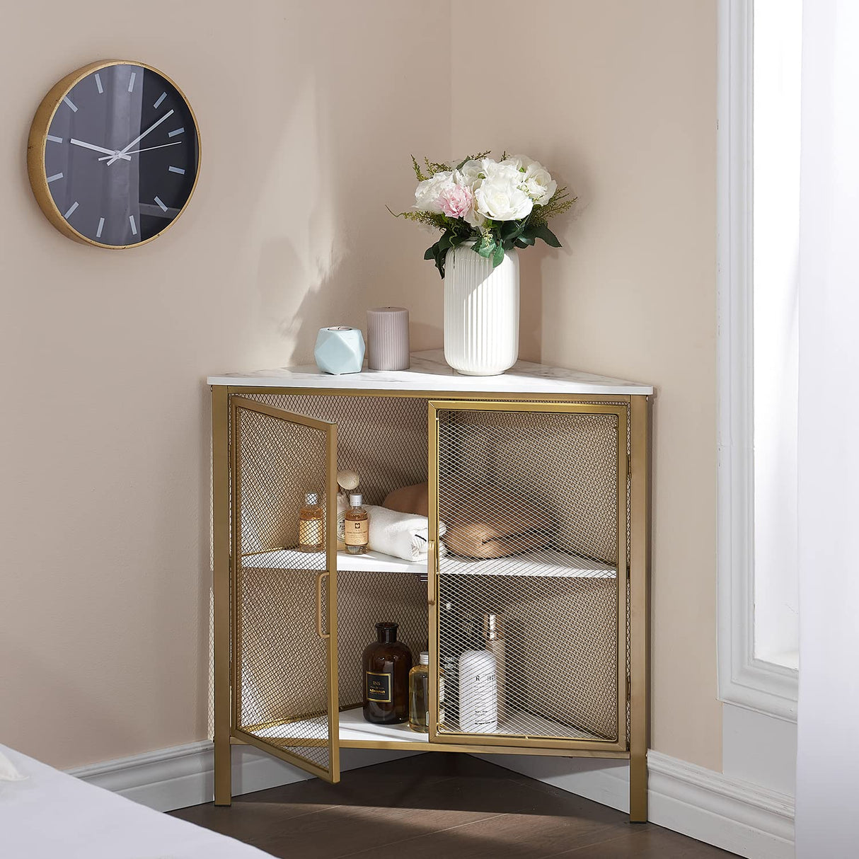 VECELO Corner Cabinet/Table, 3-Tier Shelves with Protection Door, Metal Frame Storage Shelf Organizer for Small Space, Living Room, Kitchen, Bathroom, Set of 1, Gold VECELO