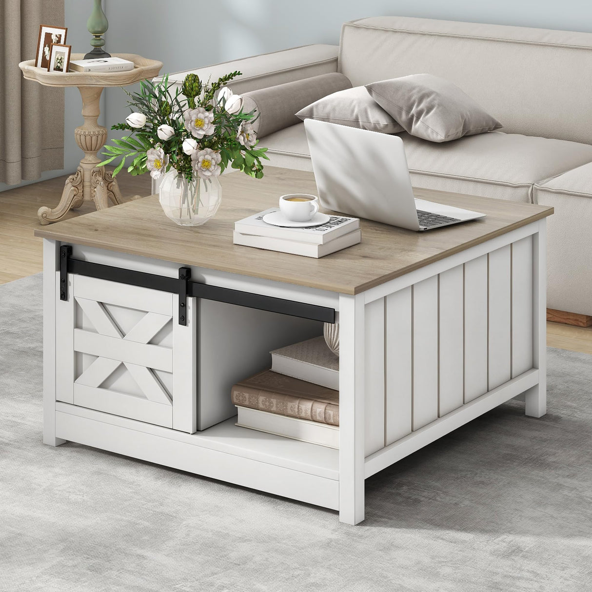 DWVO Farmhouse Coffee Table with Storage: Wooden Square Center Table with Sliding Barn Door, Small Living Room Table Light Oak DWVO