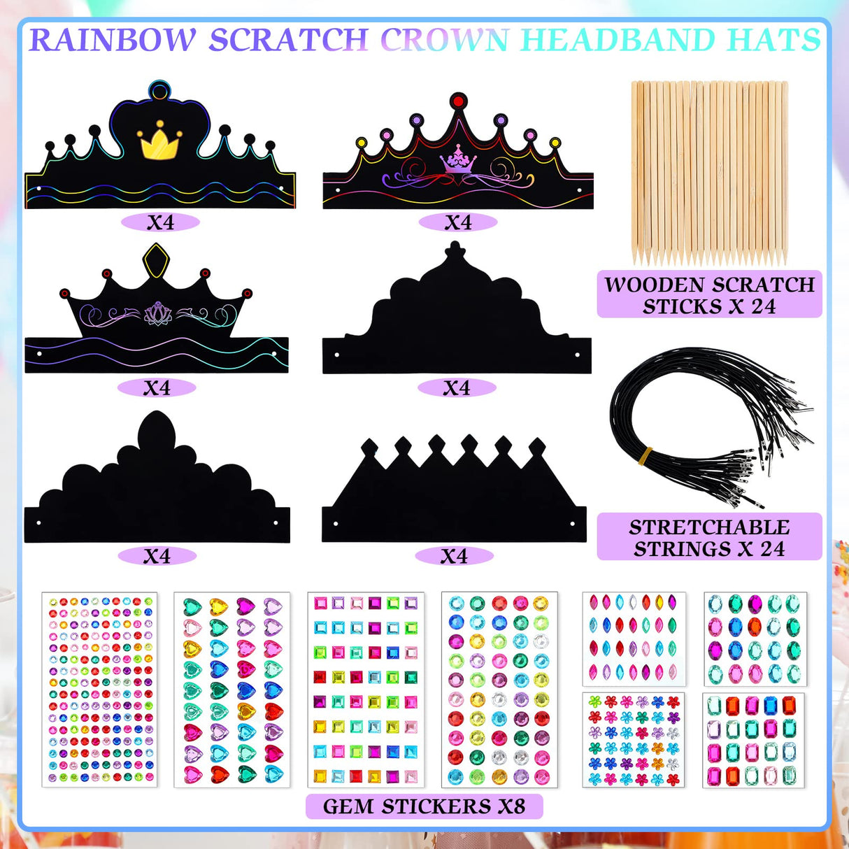 Yinder 80 Pcs Crafts Crowns Set DIY Scratch Paper Crowns with Rainbow Color Headband Hats Wooden Styluses Craft Elastic Bands Colorful Gem Jewels Stickers for Boys Girls Adults Yinder