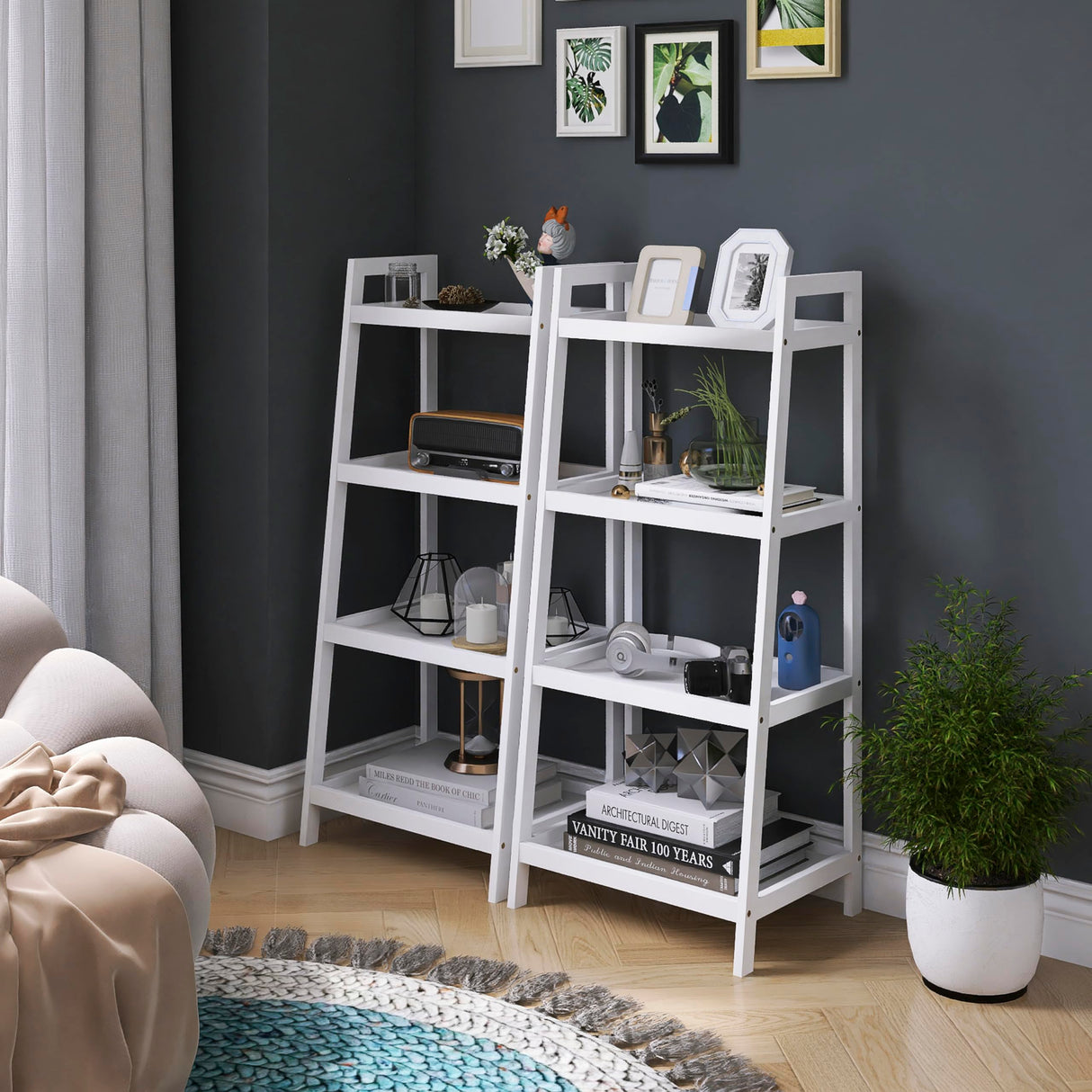 SMIBUY Ladder Shelf, 4 Tier Bamboo Bookshelf, Bathroom Storage Organizer Plant Display Stand, Freestanding Open Shelving Unit with Handles for Home Office (White) SMIBUY