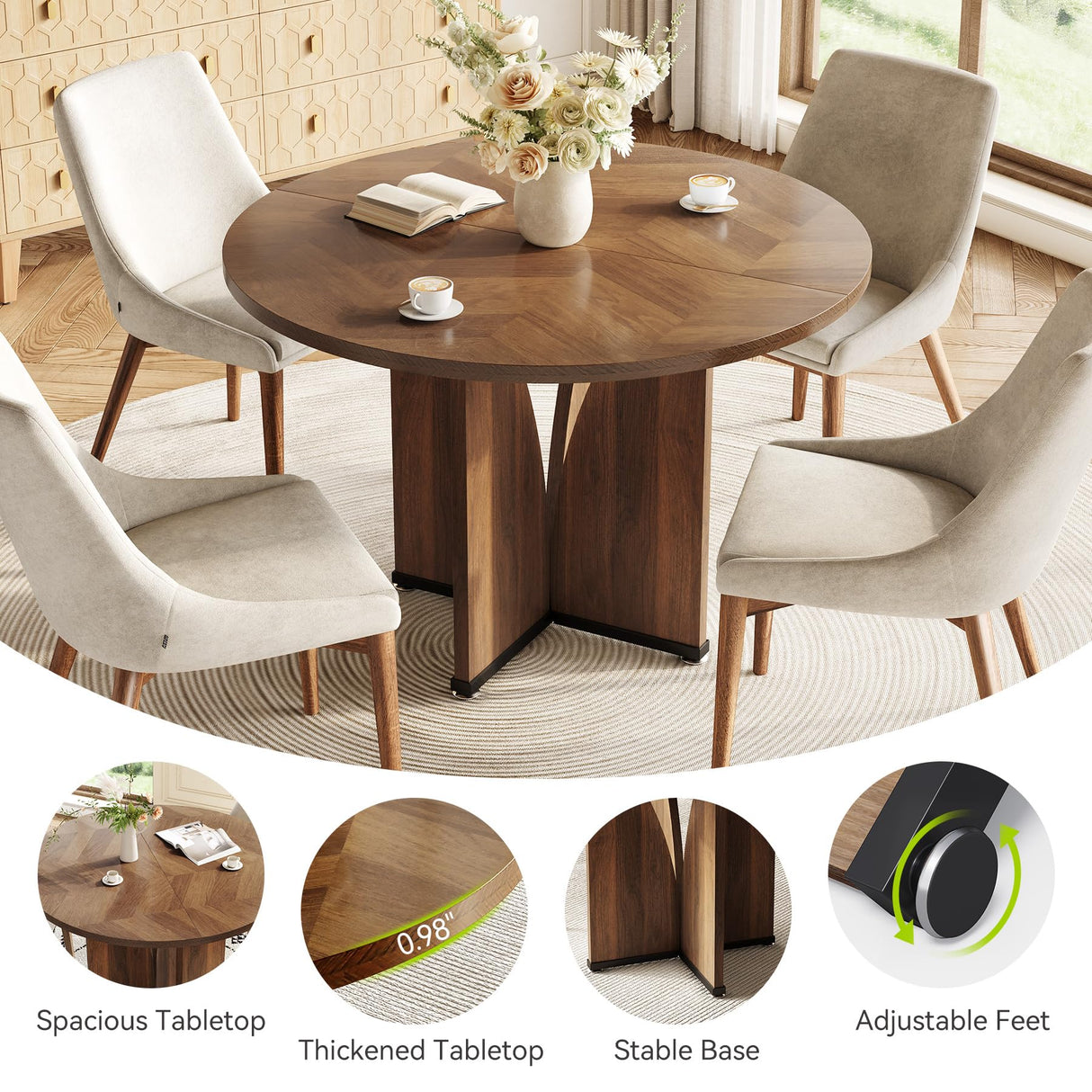 LITTLE TREE 39-Inch Round Dining Table for 4, Rustic Kitchen Table with X-Shaped Stable Pedestal, Farmhouse Dinner Table for Dining Room, Living Room, Dark Brown LITTLE TREE