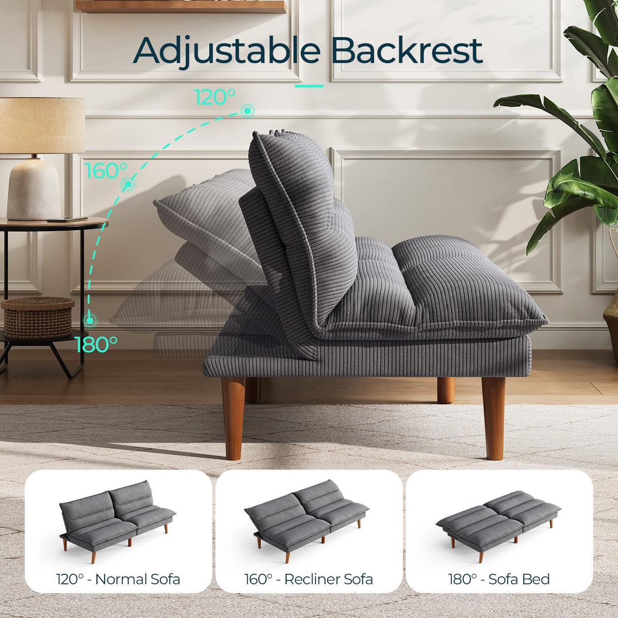 LINSY HOME Futon Sofa Bed - Convertible Corduroy Futon Couch Bed with Adjustable Backrest, Modern Small Loveseat Sleeper Sofa for Small Spaces, Living Room, Apartment or Office (Grey) LINSY HOME