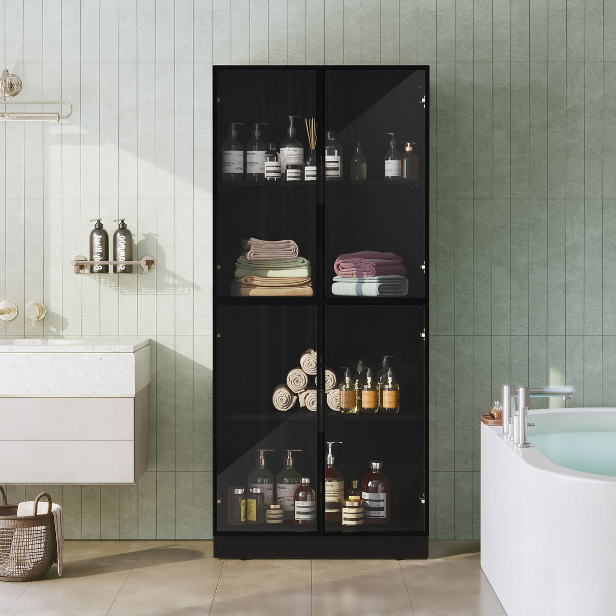 HLR Display Cabinet with Glass Doors, Tall Storage Cupboard, Freestanding Curio Display Cabinet with 4-Tier Storage Shelves for Collectibles, Living Room, Home Office HLR