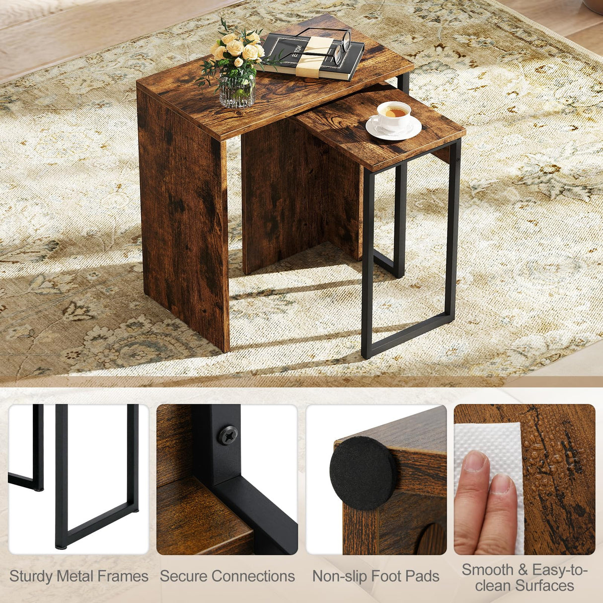 Giantex Nesting Coffee Table Set of 2, Rectangular Stackable Side Tables with Sturdy Metal Frames, Modern Nesting End Tables for Living Room, Bedroom, Rustic Brown Giantex