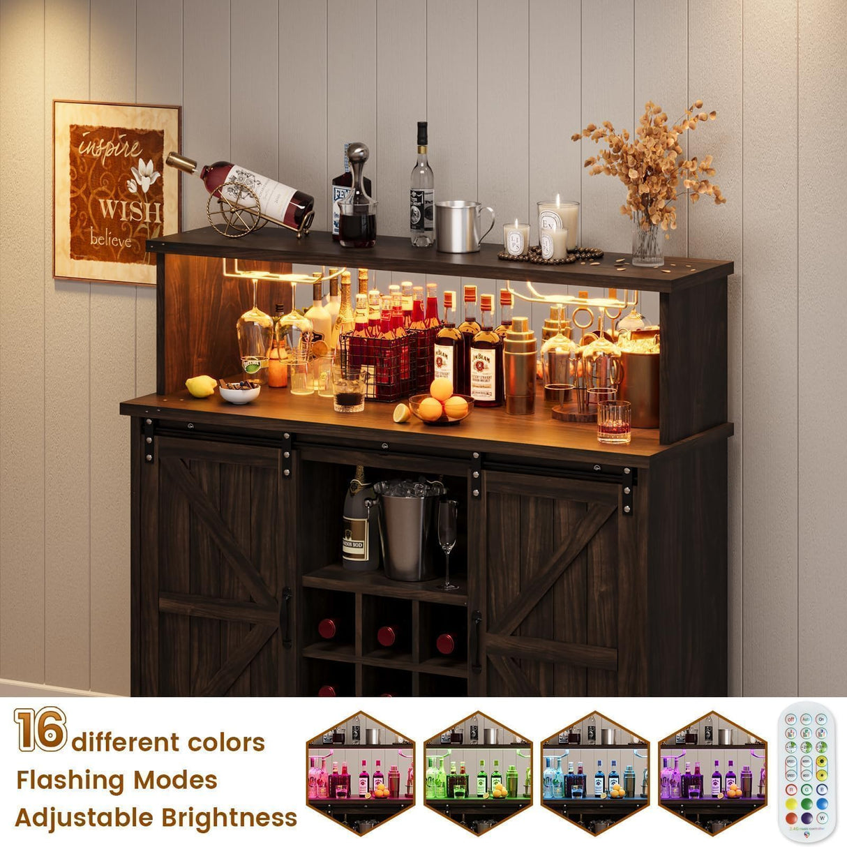 4ever2buy Farmhouse Wine Bar Cabinet with LED Light & Mirror, 47” Buffet Sideboard with 4 Glass Hooks & 9 Wine Racks, Coffee Bar Cabinet with Sliding Barn Door for Kitchen Dining Living Room, Brown 4ever2buy