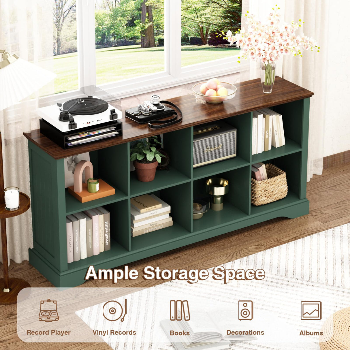 Athyrios 8 Cube Storage Organizer - 62" Long Farmhouse Wood Low Bookshelf, Horizontal Open Shelf Bookcase Cubby Storage Console Cabinet for Living Room, Entryway, Office, Green Athyrios