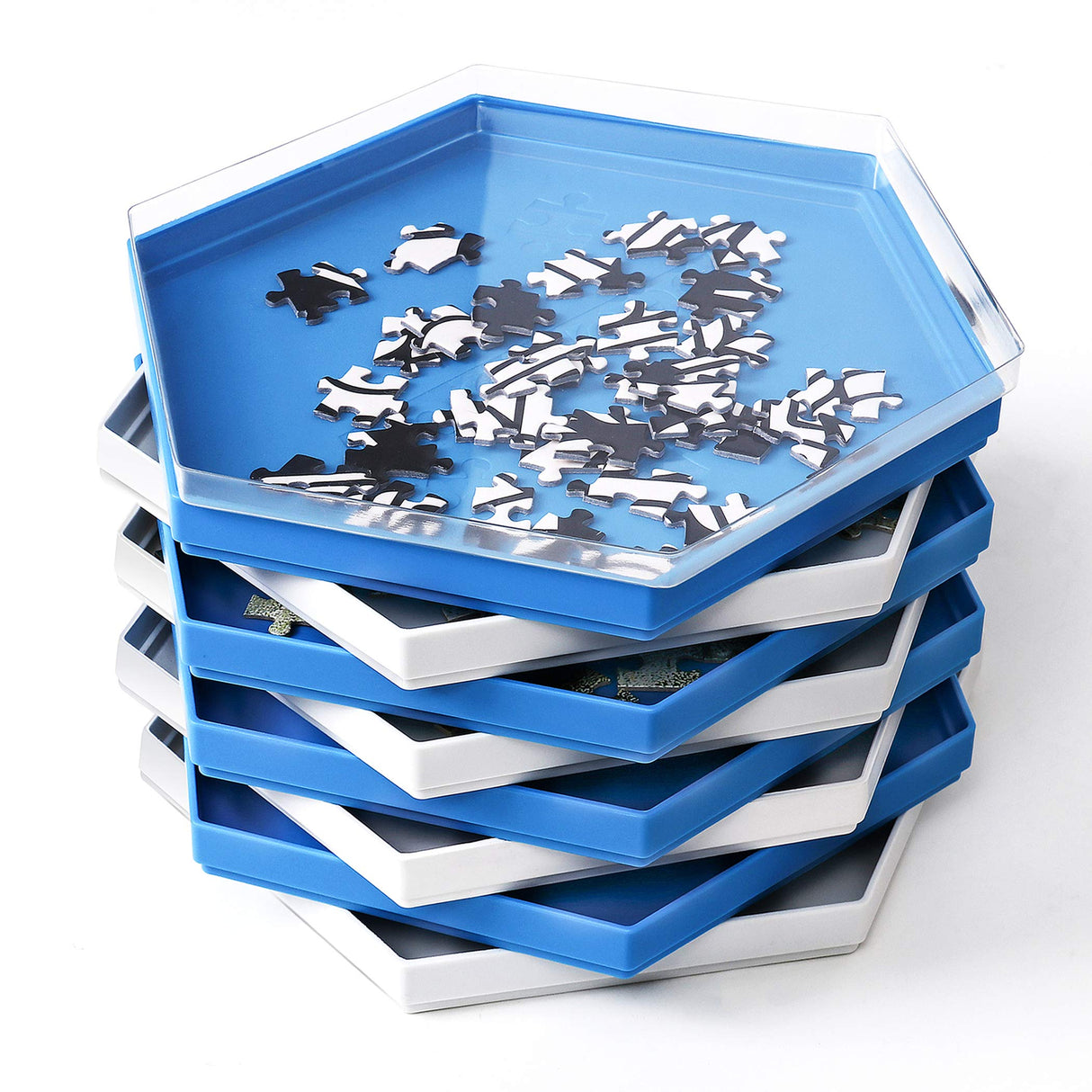 Becko US Stackable Puzzle Sorting Trays Jigsaw Puzzle Sorters with Lid Puzzle Accessory for Puzzles Up to 1500 Pieces, 8 Hexagonal Trays in White & Blue Becko US