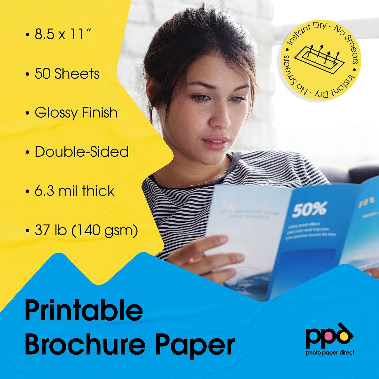 PPD Double Sided Photo Paper, Glossy Brochure Paper 8.5 x 11 for Inkjet Printer, 140 gsm, 6.3 mil Thick for Magazine, Flyer, Presentation, Program, Instant Dry & Water Resistant (100 Sheets) PPD