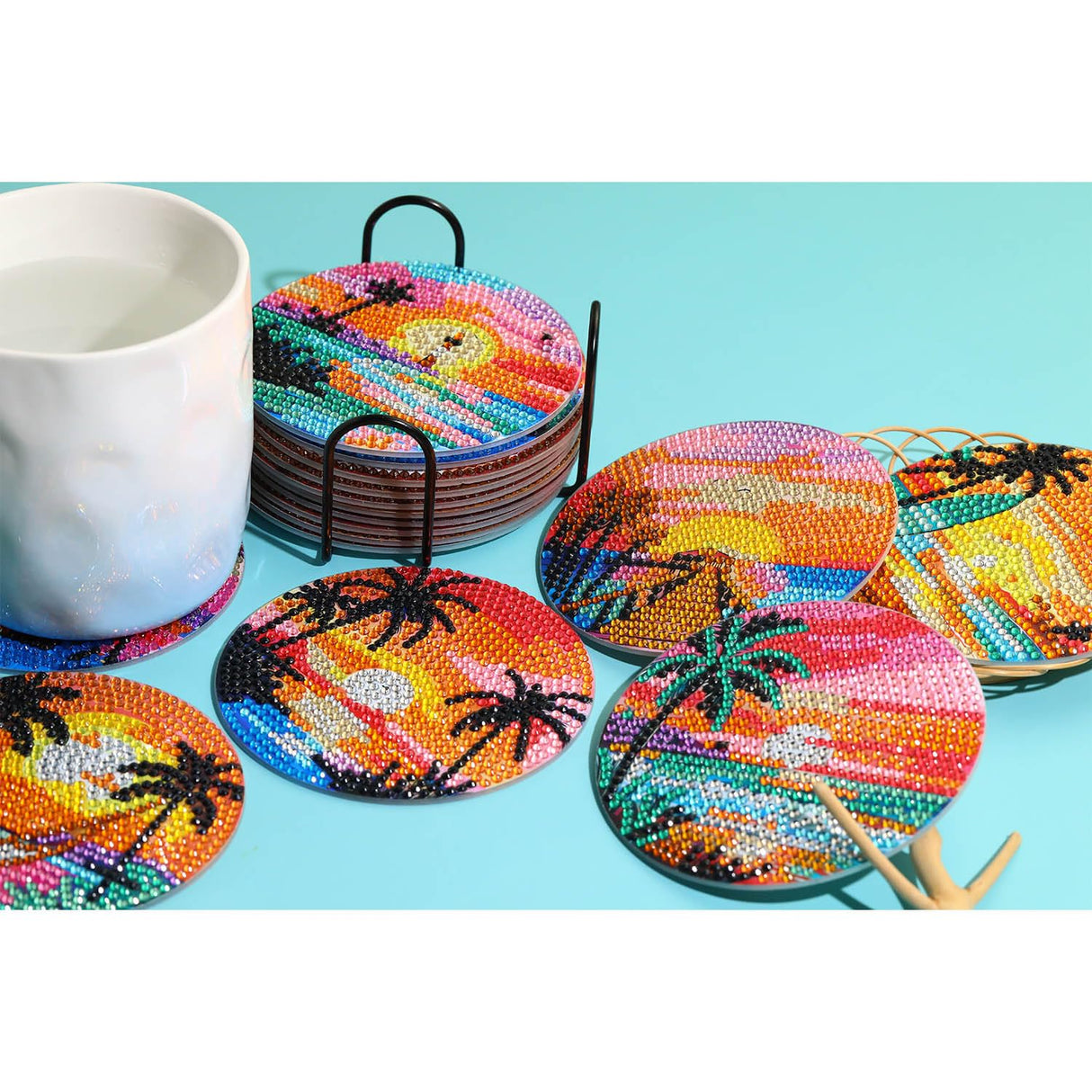 8 PCS Beach Moon Diamond Art Coasters Kits, Diamond Painting Coasters with Holder Set of 8, DIY Drink Coasters Art Crafts Supplies for Adults Cup Mat for Home Decor House Warming Gifts 3.9inch Yanfairy