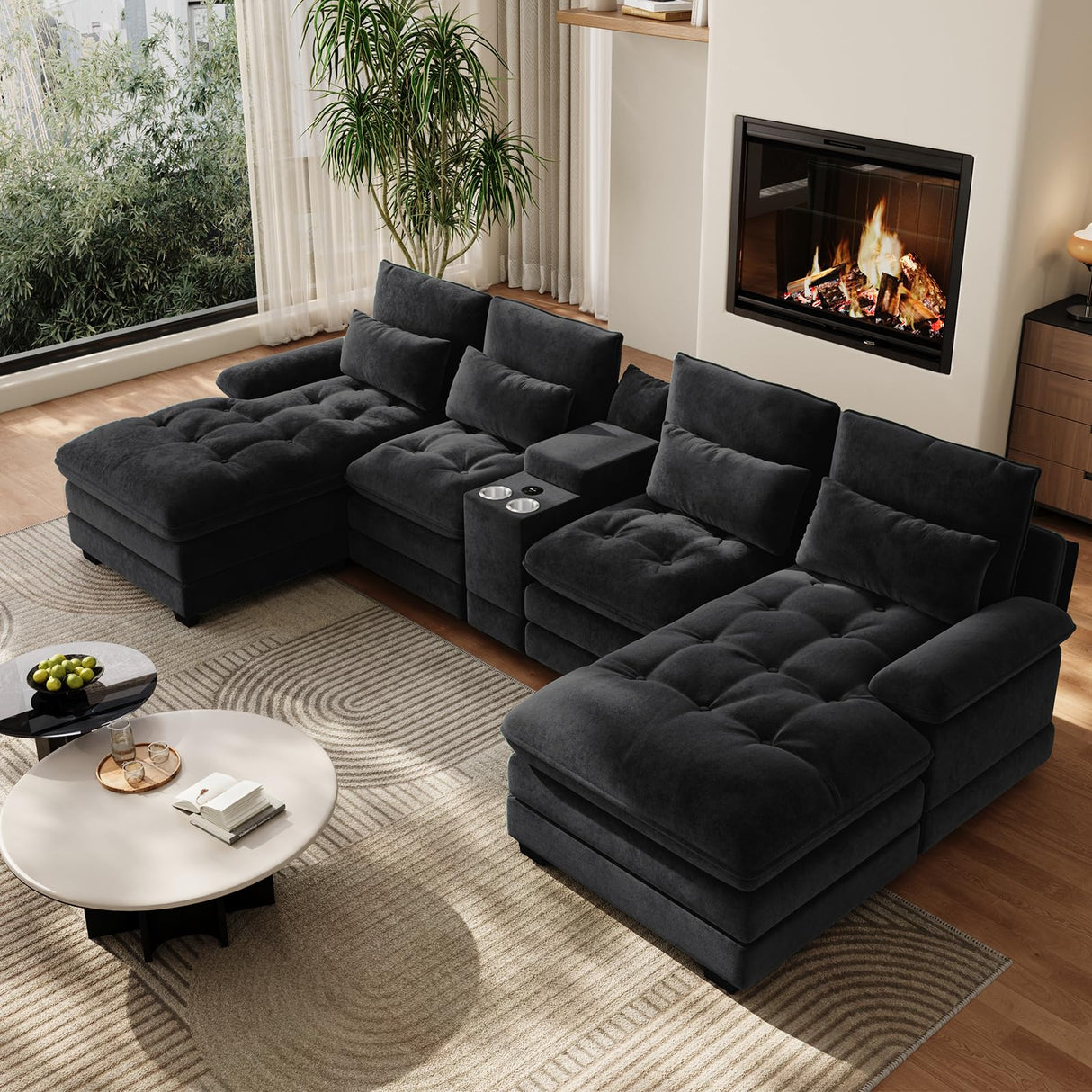 OUYESSIR 134" U Shaped Sectional Cloud Couch,Tufted Couch with Chaise Lounge,Fluffy Black Sectional Couches for Living Room,Comfy Chenille Modular Sofa with Central Console & USB Port OUYESSIR