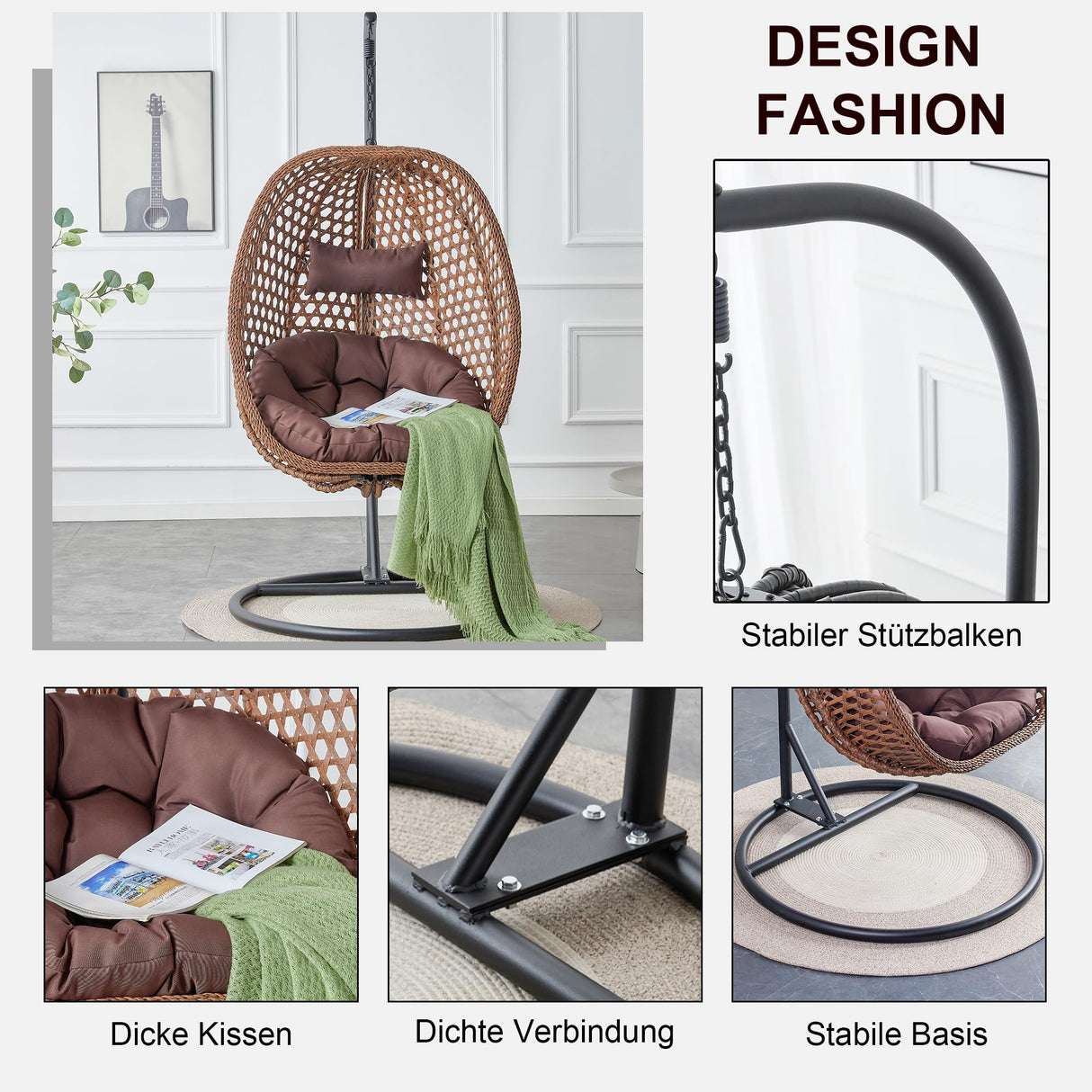 LFVFFA Egg Swing Chair with Stand Outdoor Indoor, Hanging Egg Chair with Cushions and Pillow,300lbs Capacity for Porch, Patio, Bedroom, Balcony, Brown LFVFFA