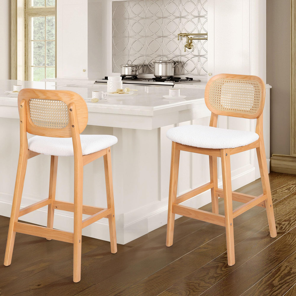 RUOVU Counter Height Bar Stools Set of 3, Rattan Barstools with Back and Natural Wood Frame, White Boucle Fabric Upholstered Bar Chairs, Mid Century Modern Farmhouse Counter Stool for Kitchen Island RUOVU