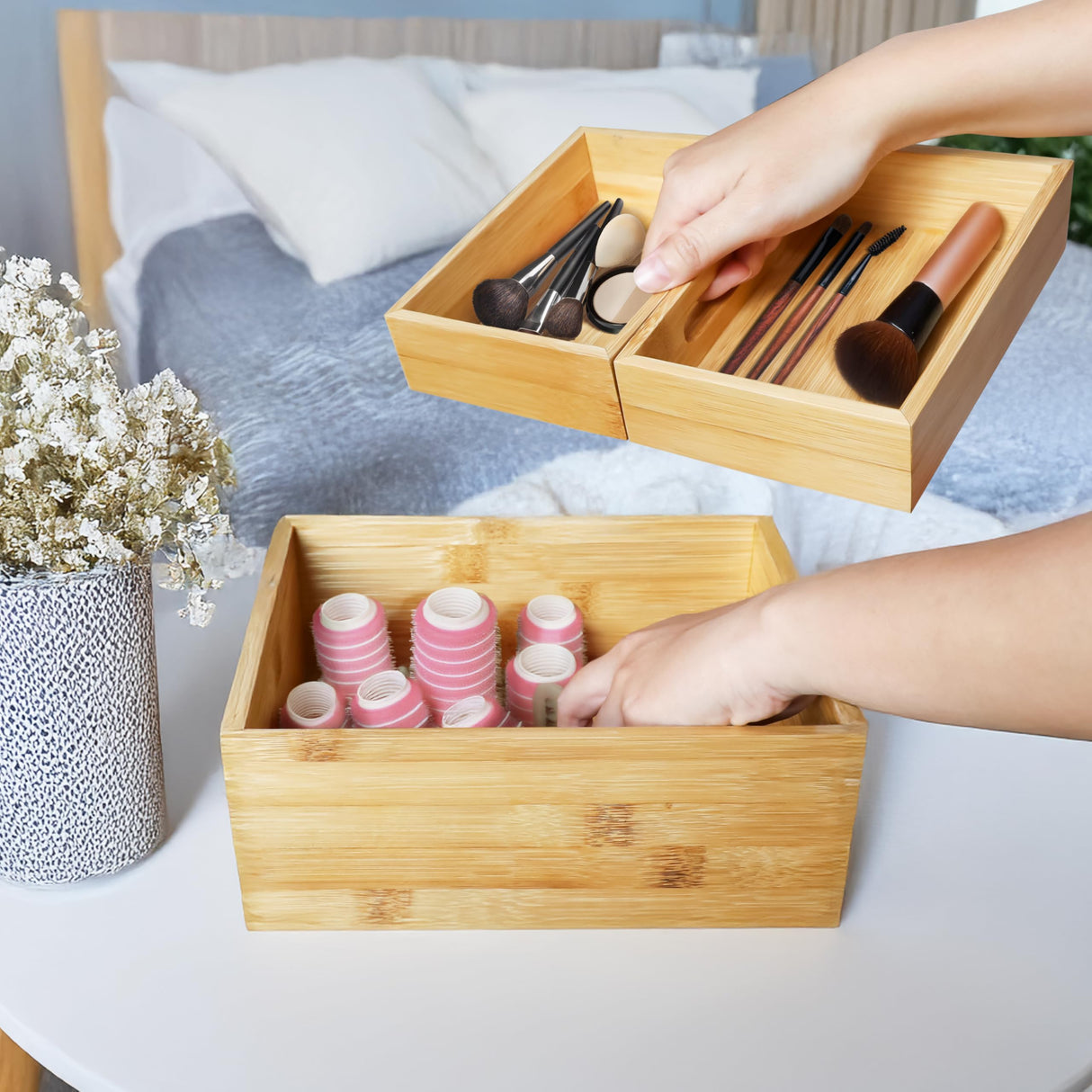 HOMESTEAD 3-Piece Stackable Bamboo Storage Box, Office Desk Organizer, Wooden Boxes for Makeup Drawer Organizer Bathroom, Office Supplies, Kitchen Utensils, Bamboo Storage Containers, Jewelry Tray HOMESTEAD