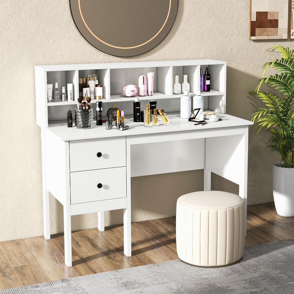 Tangkula White Desk with Drawers & Hutch, Modern Home Office Desk Writing Study Desk with Charging Station, Laptop Desk with 5 Storage Compartments, Computer Workstation Makeup Vanity Desk Tangkula