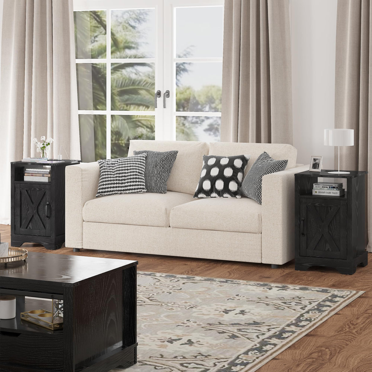 RoyalCraft Farmhouse Nightstand Set of 2 with Charging Station, Wooden End Table, Rustic Night Stand with Storage Cabinet and Shelf, Tall Bedside Table for Bedroom, Living Room, Black RoyalCraft