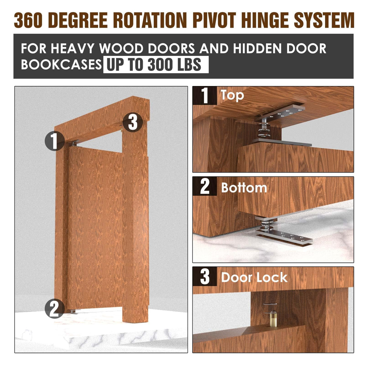 Door Pivot Hinges Heavy Duty Hinges for Max 300 lb Wood Doors & Hidden Door Bookcase & Secret Door,360 Degree Rotation Suemisi