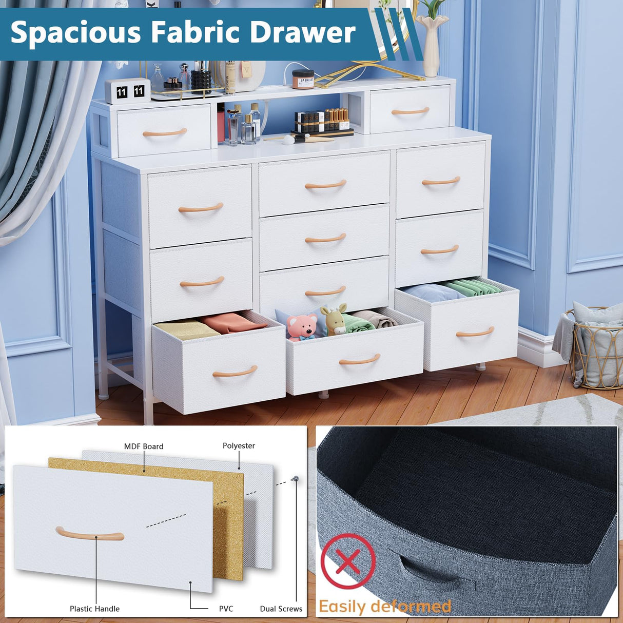 Furnulem White Dresser for Bedroom with LED Lights & Charging Station,47" Long Chests with 12 Fabric Storage Drawers,Wide Vanity Dressers Furniture for Closet,Entryway,2 Shelves Wood Top,Metal Frame Furnulem