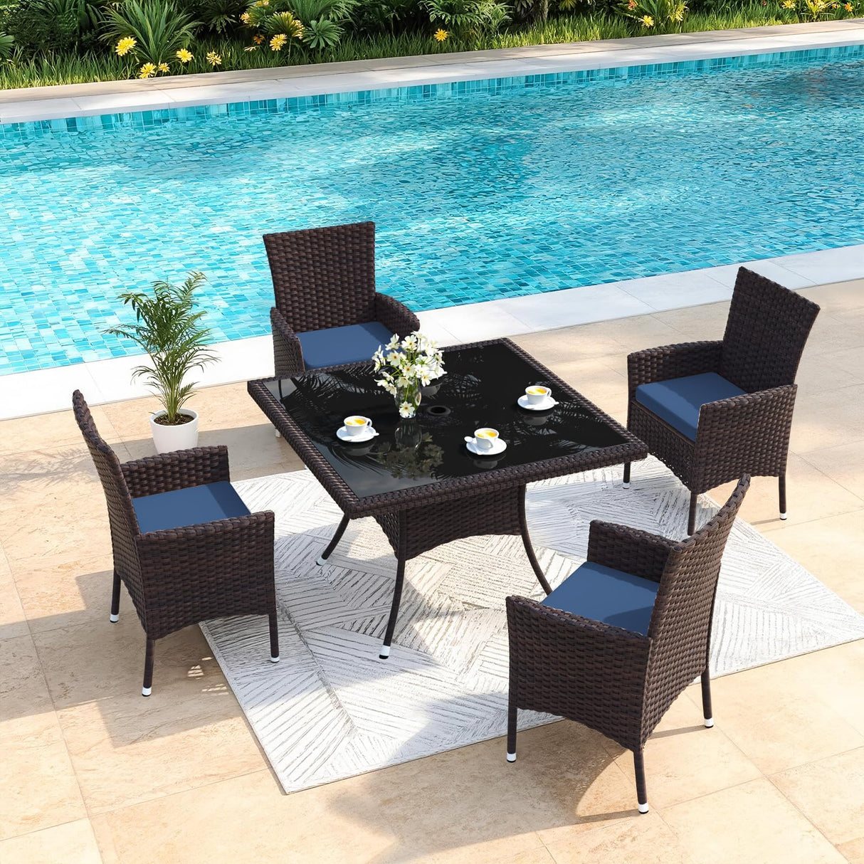 Gotland 5-Piece All-Weather Rattan Patio Dining Set with Tempered Glass Table, Tilt Backrest, Umbrella Hole, and Removable Cushions for Lawn, Deck, Backyard Gotland