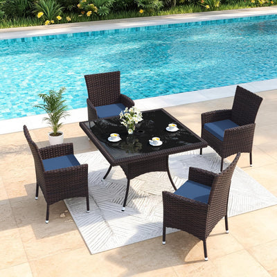 Gotland 5-Piece All-Weather Rattan Patio Dining Set with Tempered Glass Table, Tilt Backrest, Umbrella Hole, and Removable Cushions for Lawn, Deck, Backyard