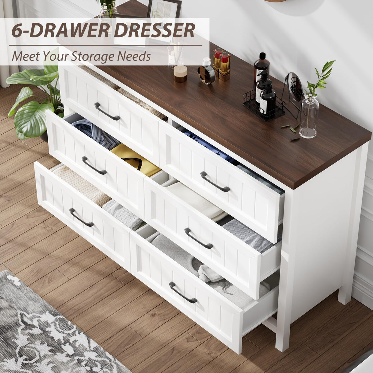 Jocoevol Farmhouse Dresser 6 Drawer Dresser for Bedroom, Large Wooden Dressers Double Grey Dresser with Deep Drawers Dressers for Hallway, Entryway (White and Brown) Jocoevol