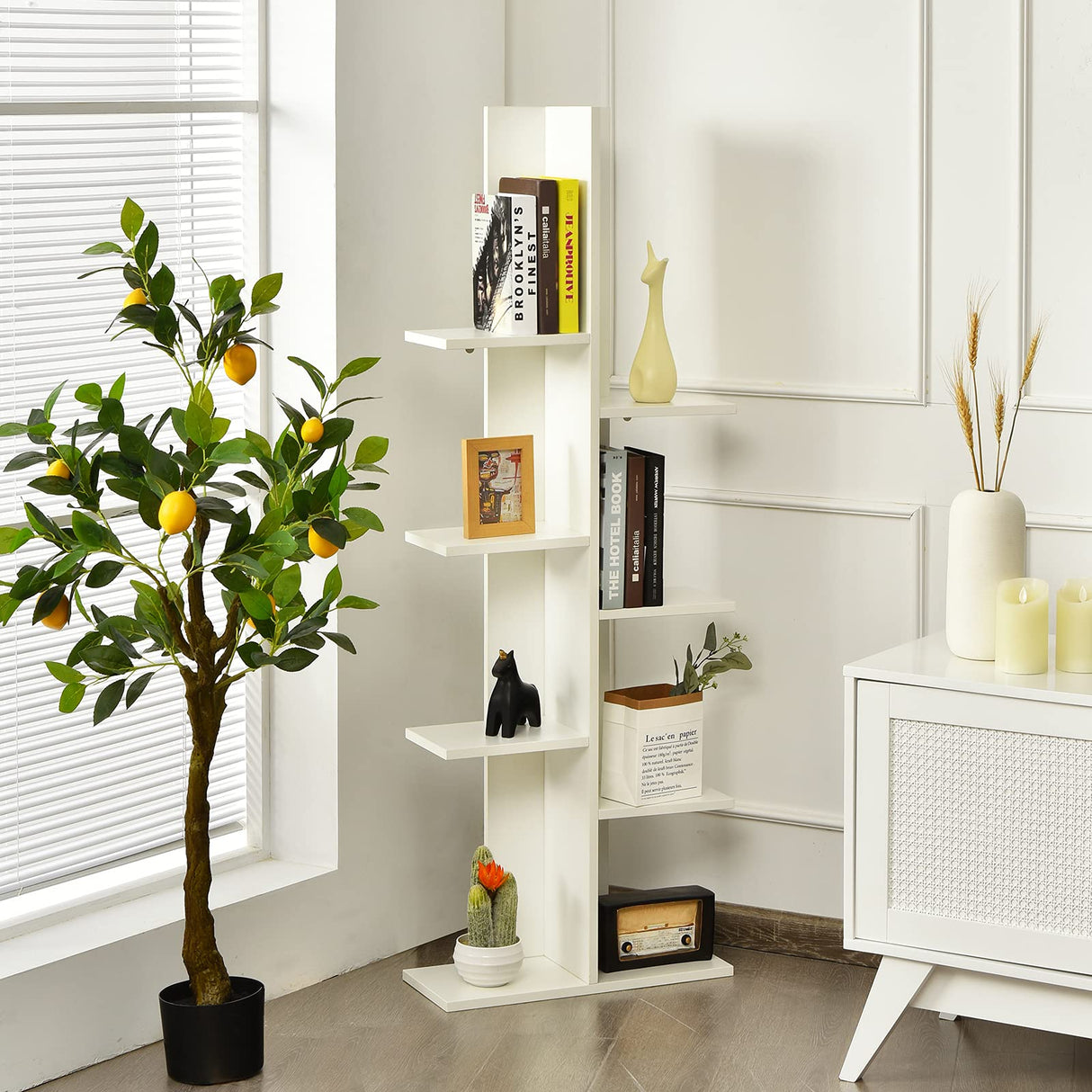 Tangkula 8 Shelf Bookshelf, Wood Tree Bookcase with 8 Book Shelf, 20 x 8 x 55.5 Inch, Freestanding 8 Tier Storage Display Shelf with Anti-toppling, Corner Shelf for Living Room Home Office (White) Tangkula