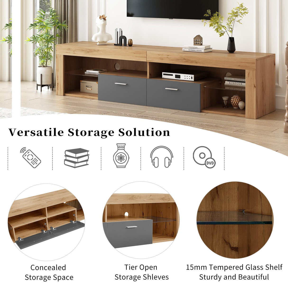 Merax Modern LED TV Stand for TVs Up to 80", 70" Gaming Entertainment Center with Glass Shelves and 2 Doors, TV Console with 16 Dynamic RGB Modes for Living Room, Bedroom Merax