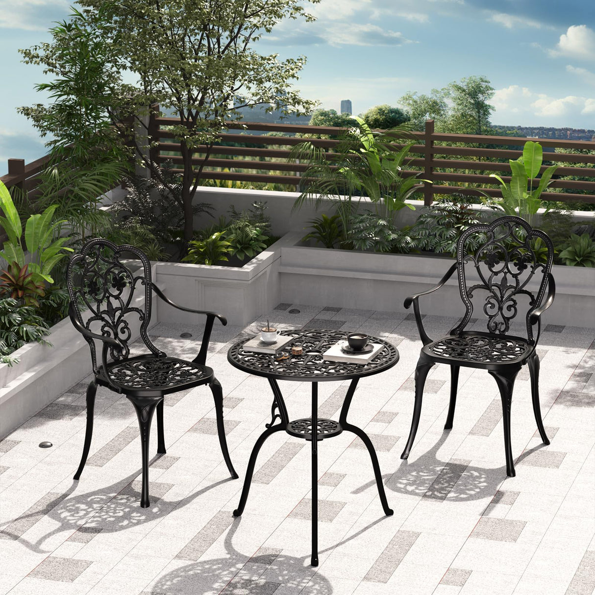 Z1UVDFUR Patio Bistro Set of 2, Cast Aluminum, Outdoor Set w/Umbrella Hole, 3 Piece Table and Chairs Set, Bistro Set for Backyard/Garden/Lawn, Black Z1UVDFUR