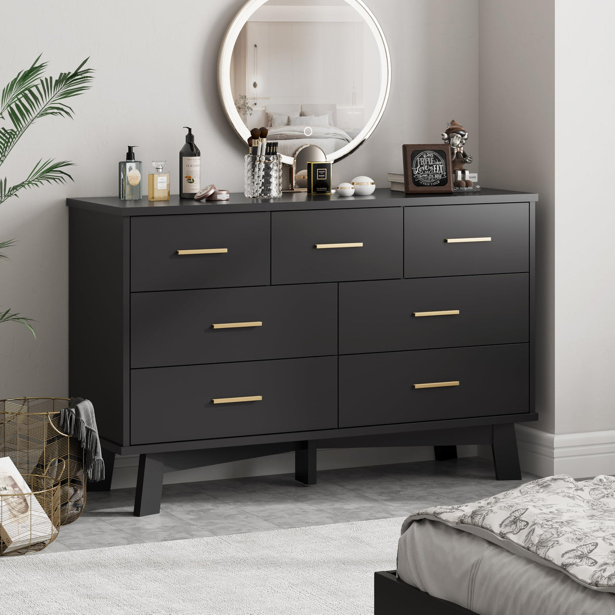 Dresser for Bedroom with 7 Drawer, Wood Modern Chest of Drawers with X-Shaped Sturdy Base, Wide Double Dresser Closet Clothes Storage Organizer, Wooden Dresser TV Stand for Living Room, Hallway, Black Xixini