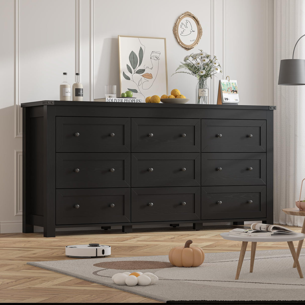 BORNOON 9-Drawer Dresser for Bedroom, Modern Wide Chest of Drawers, Wooden Storage Organizer for Closet, Living Room, Entryway, Home Office, Black Dresser with Ample Storage BORNOON