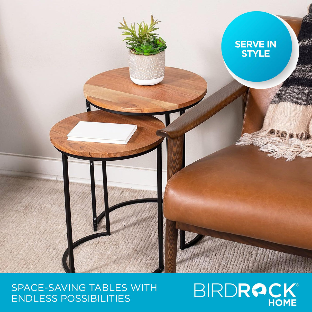 BIRDROCK HOME Wooden Nesting Side Tables - Mid Century Modern Stackable Coffee Table - Space-Saving Wooden End Table for Living Room, Bedroom, Centerpiece, Office, Balcony - Natural Mango Wood - 2 Set BIRDROCK HOME