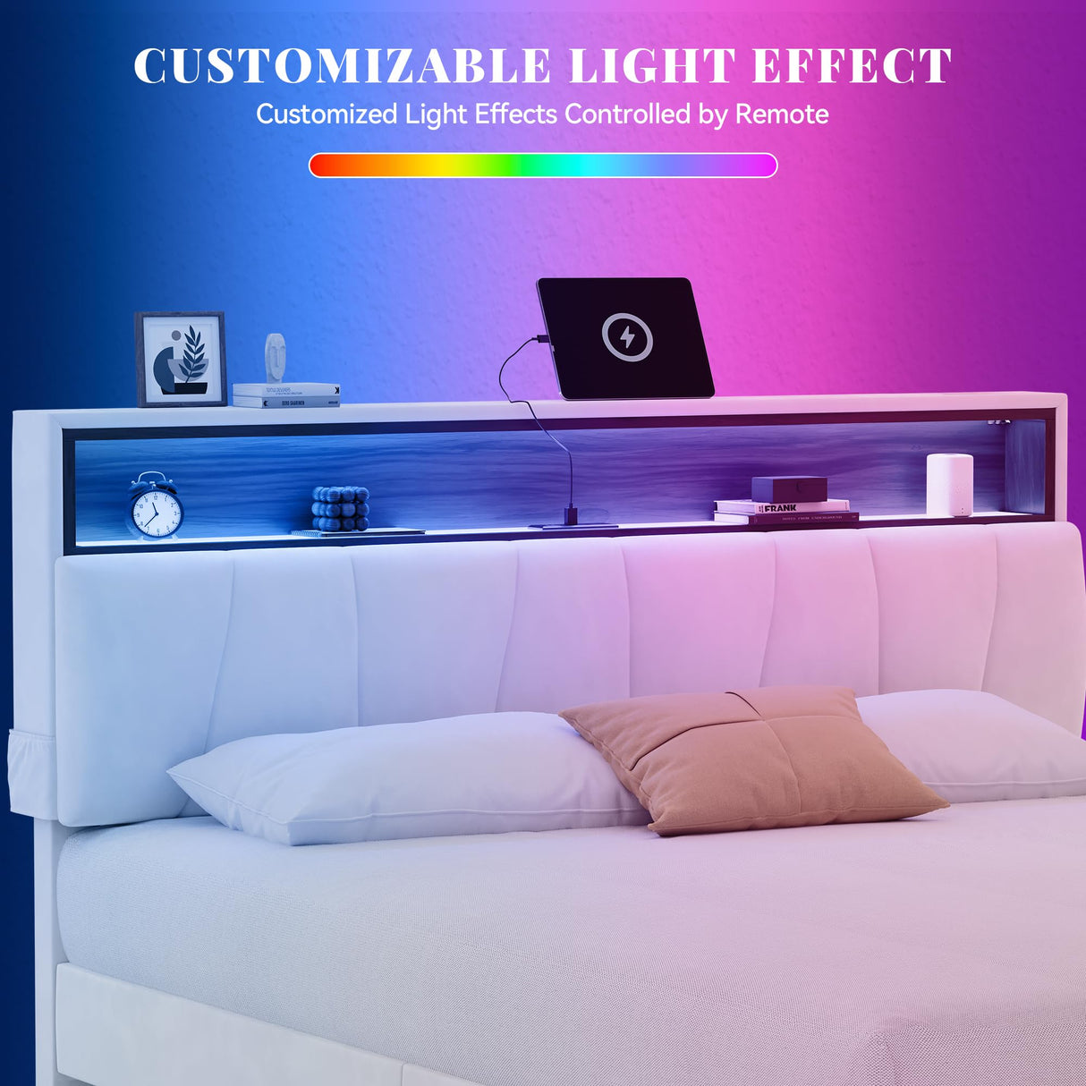 DWVO Queen Size Bed Frame with Storage, LED Headboard, Platform Bed with Outlet & USB Ports, No Box Spring Needed, Easy Assembly (Beige) DWVO