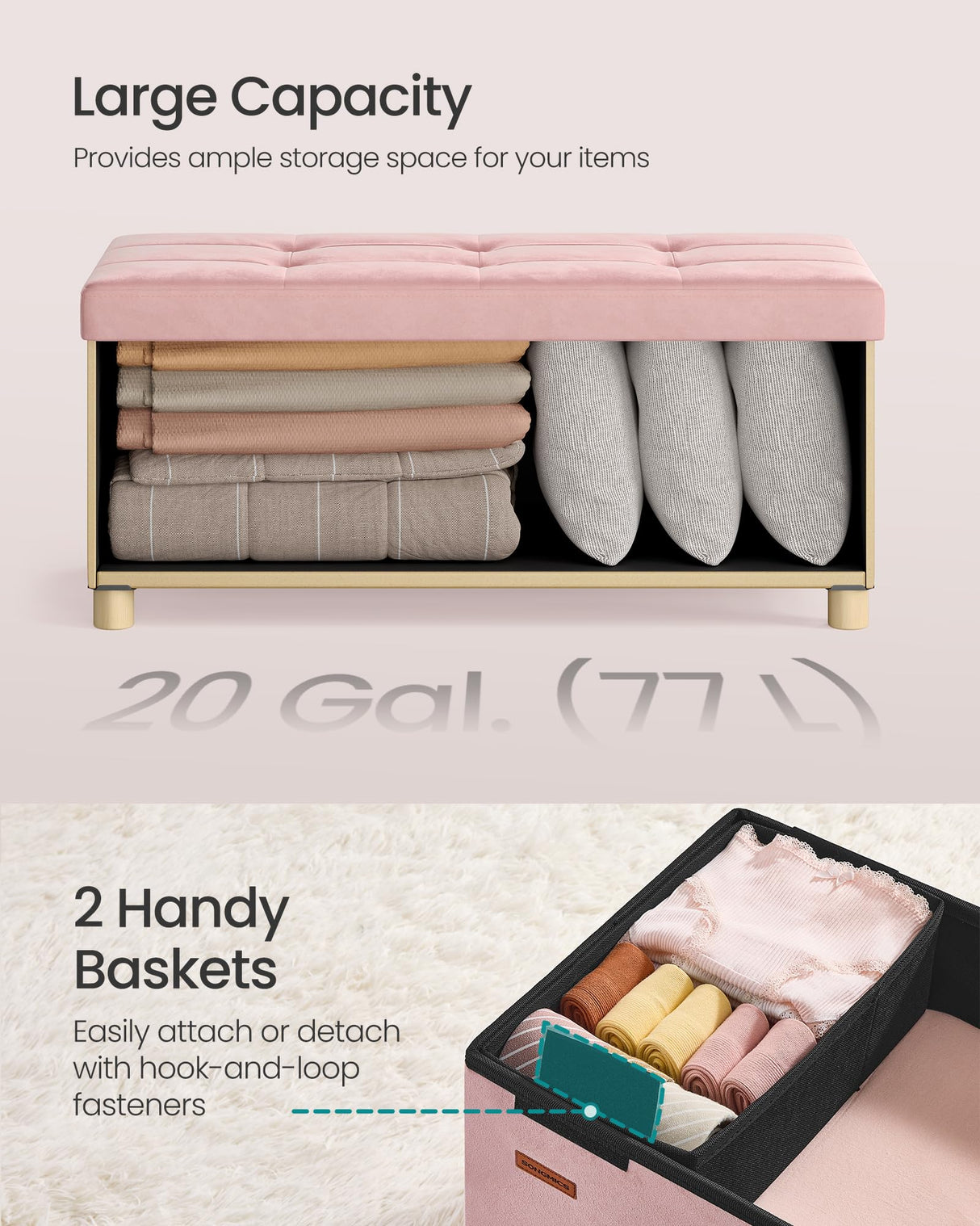 SONGMICS Storage Ottoman Bench, Folding Storage Chest, 15 x 30 x 15.2 Inches, Foot Rest Stool, 20 Gal. (77 L), Velvet Surface, for Bedroom, Entryway, Living Room, Jelly Pink ULSF0517R01 SONGMICS