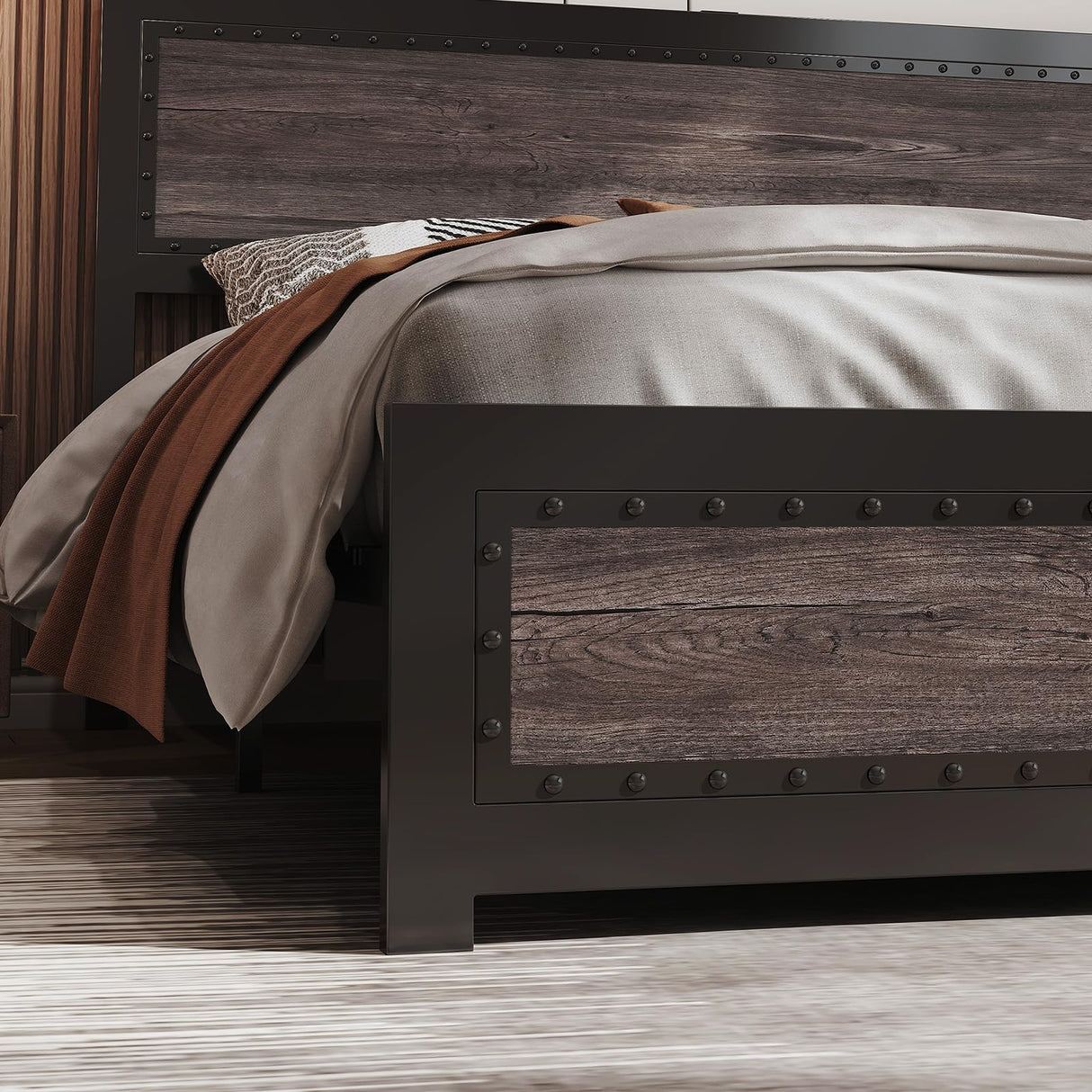 Curtainboro King Size Bed Frame with Charging Station, Bed Frames with Modern Industrial Wood & Rivet Design, No Box Spring Needed, Quick 15-Min Assembly Curtainboro